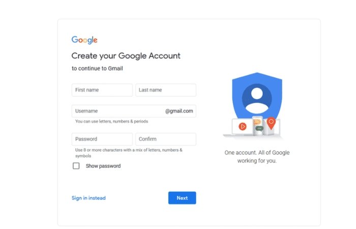 gmail account form