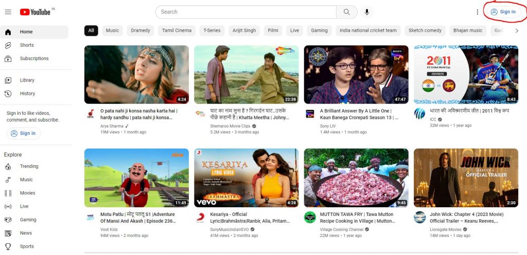 youtube home page